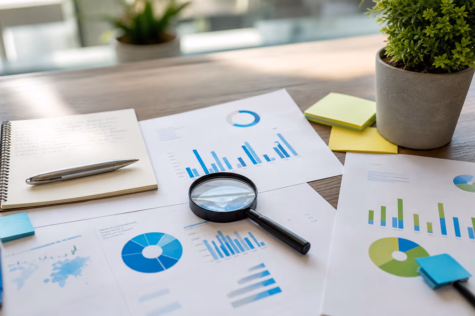 Photorealistic printed SEO analytics reports with magnifying glass