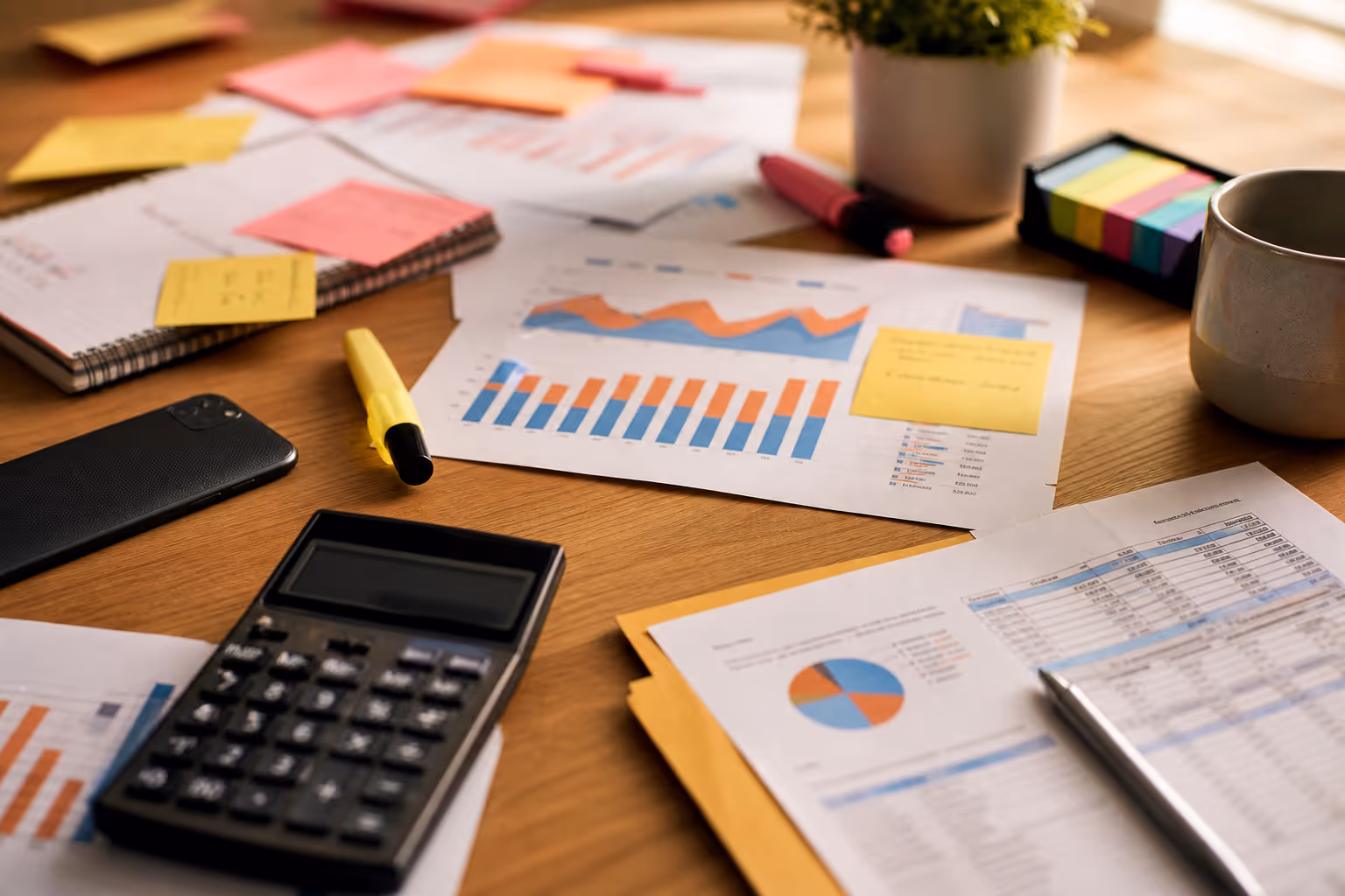 Photorealistic PPC campaign planning reports with calculator and notes