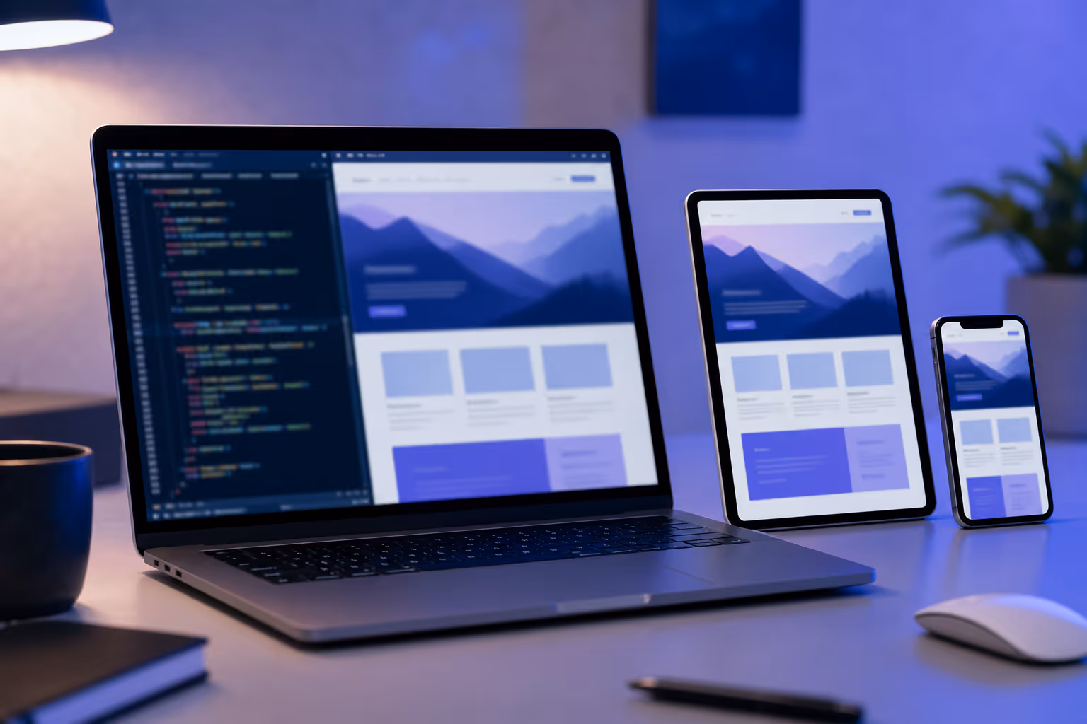 Photorealistic responsive website development screens on laptop and mobile devices