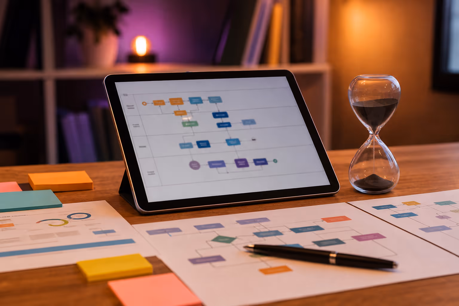 Photorealistic sales automation process sheets with tablet and hourglass