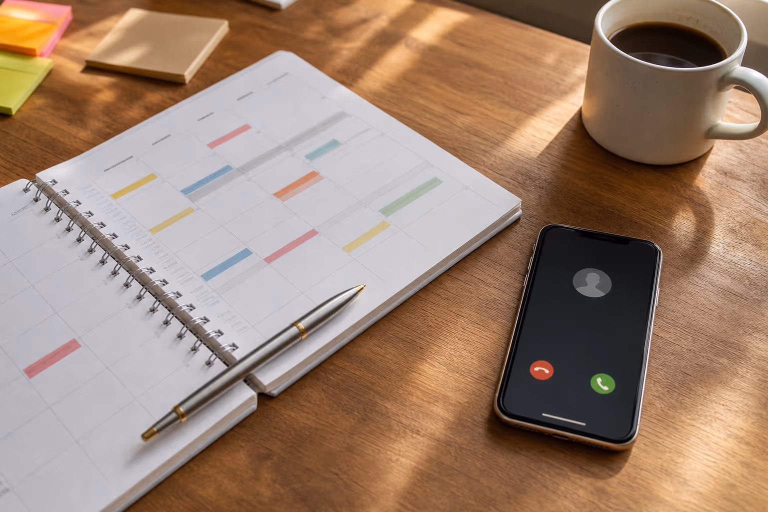 Photorealistic paper calendar planner with incoming phone call