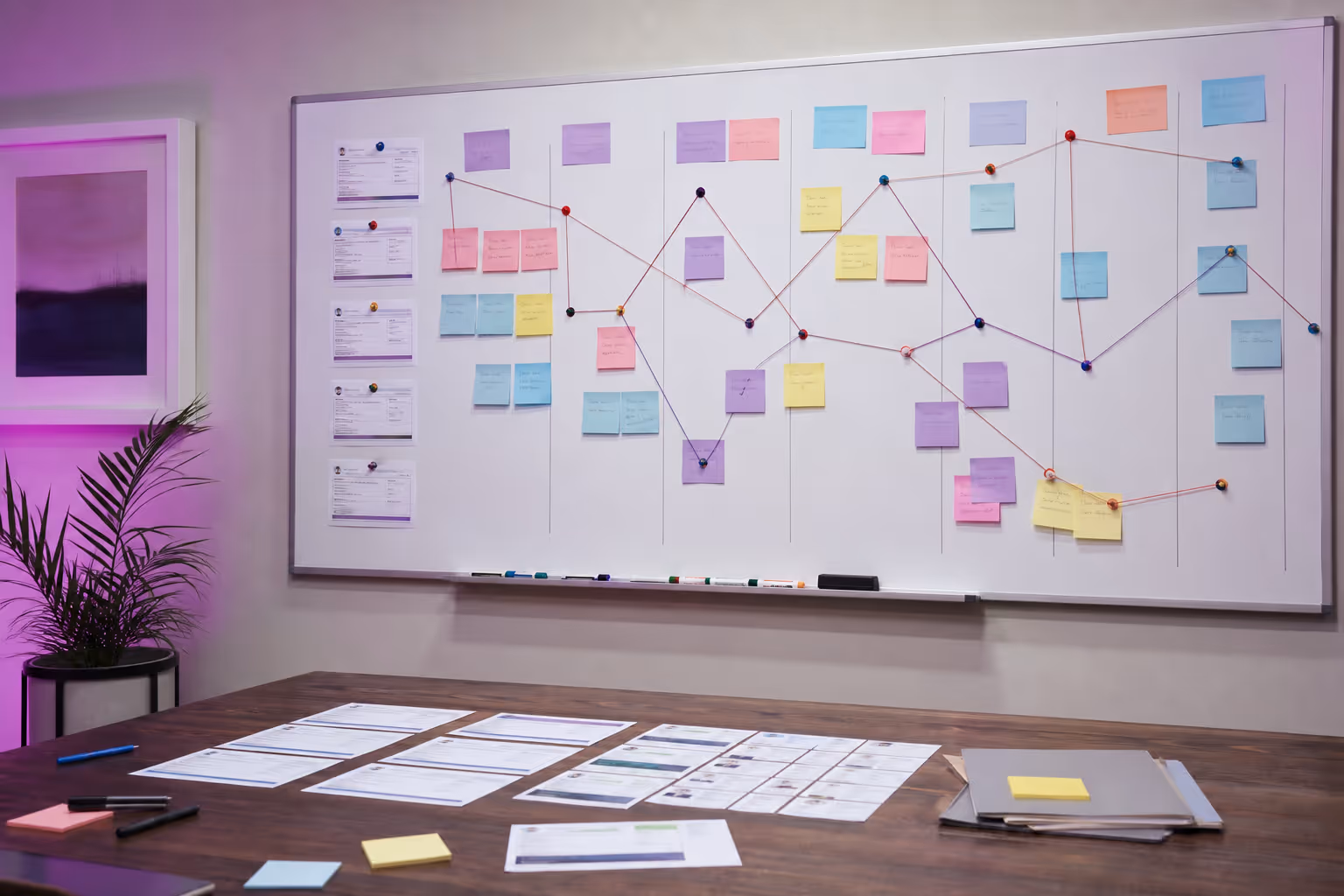 Photorealistic outbound sales systems whiteboard with sticky notes and pipeline planning