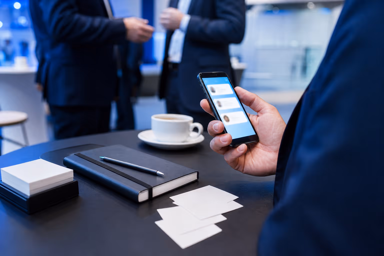 Photorealistic business networking table with smartphone lead profiles
