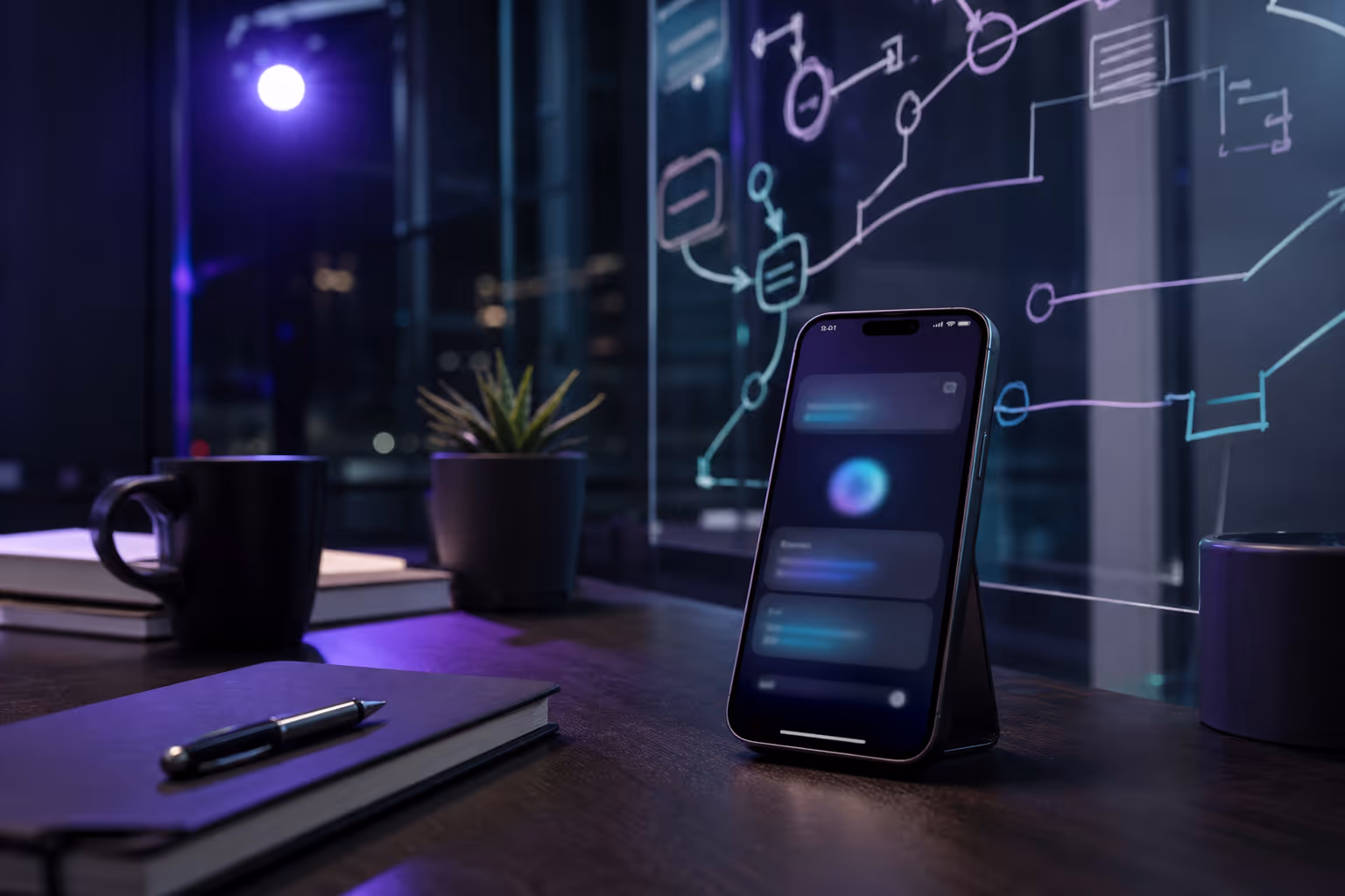 Photorealistic smartphone AI interface with glass-board network planning