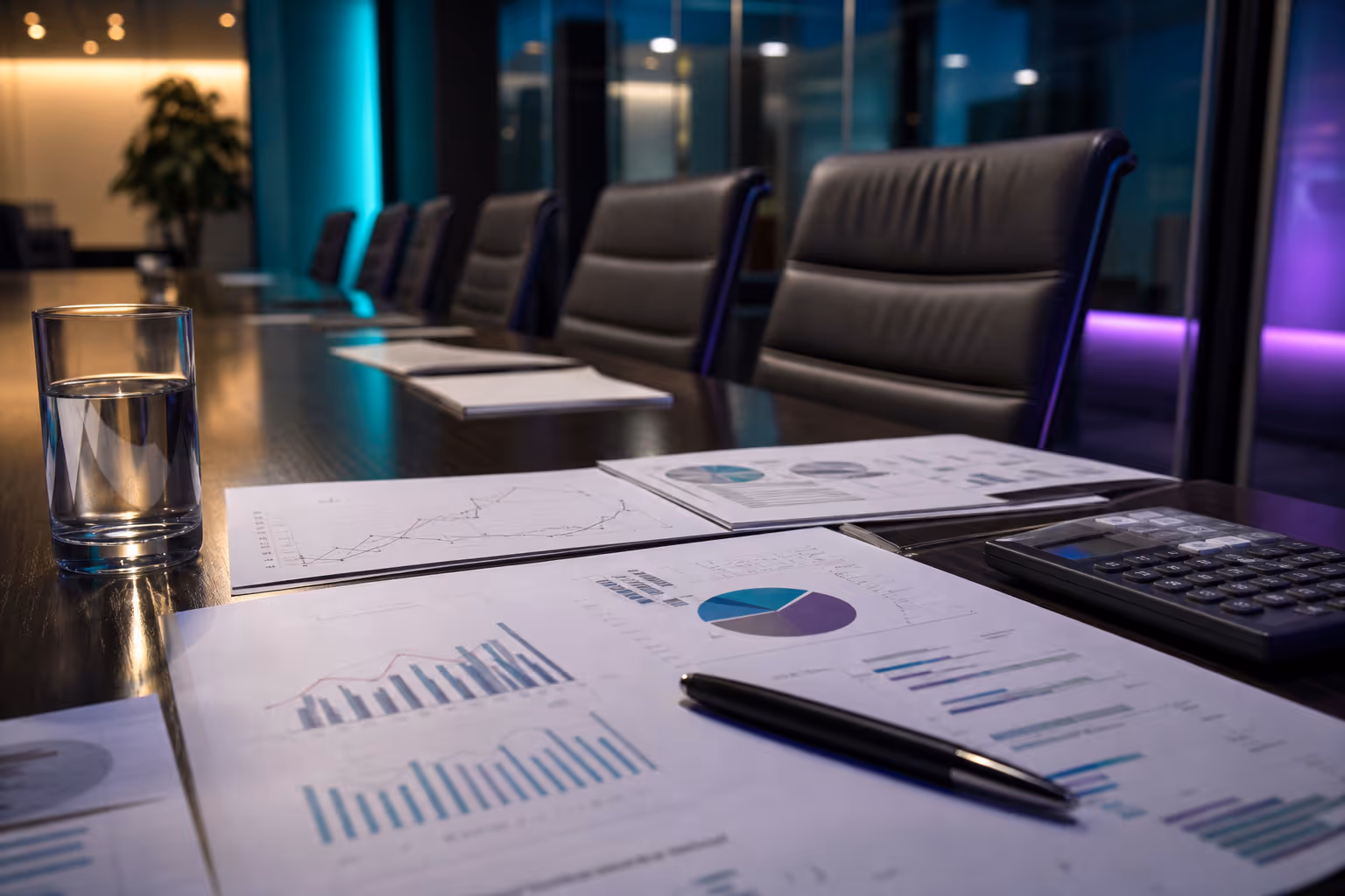 Photorealistic boardroom revenue reports with charts and calculator